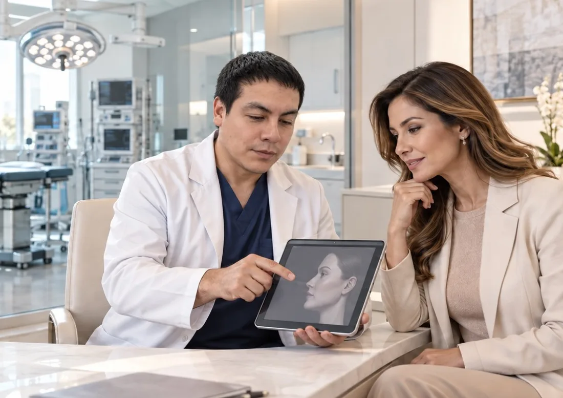 Dr. David Martínez revisando junto a una paciente una simulación de perfil facial en consulta